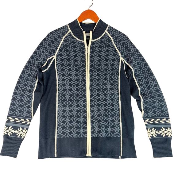 Cabelas Merino Wool Full Zip Ski Sweater Mens Large Blue Nordic mock Neck Knit - Picture 1 of 9